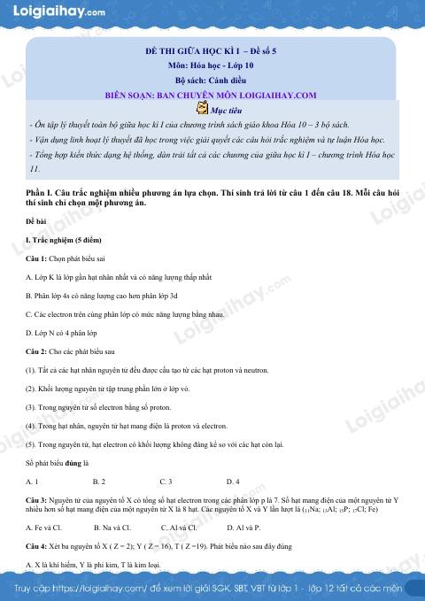 Đề thi giữa kì 1 Hóa 10 Cánh diều - Đề số 5
